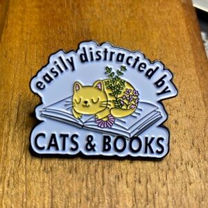 NEW Funny Easily Distracted By Cats & Books Enamel Tack Pin